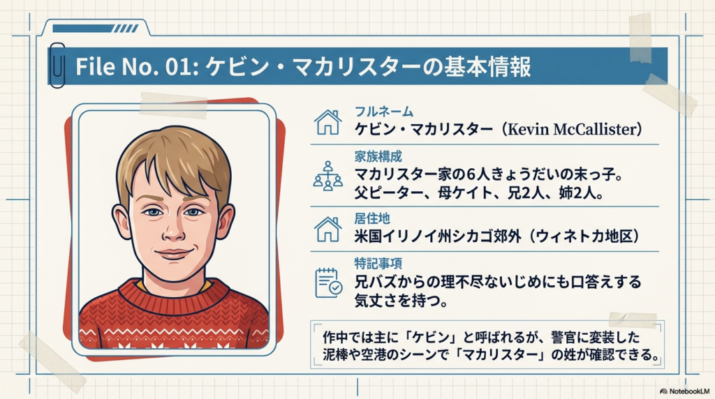 ケビンの顔イラストと共に、フルネーム、家族構成(6人きょうだいの末っ子)、シカゴ在住などの基本データが記載されたプロフィールカード風のスライド。