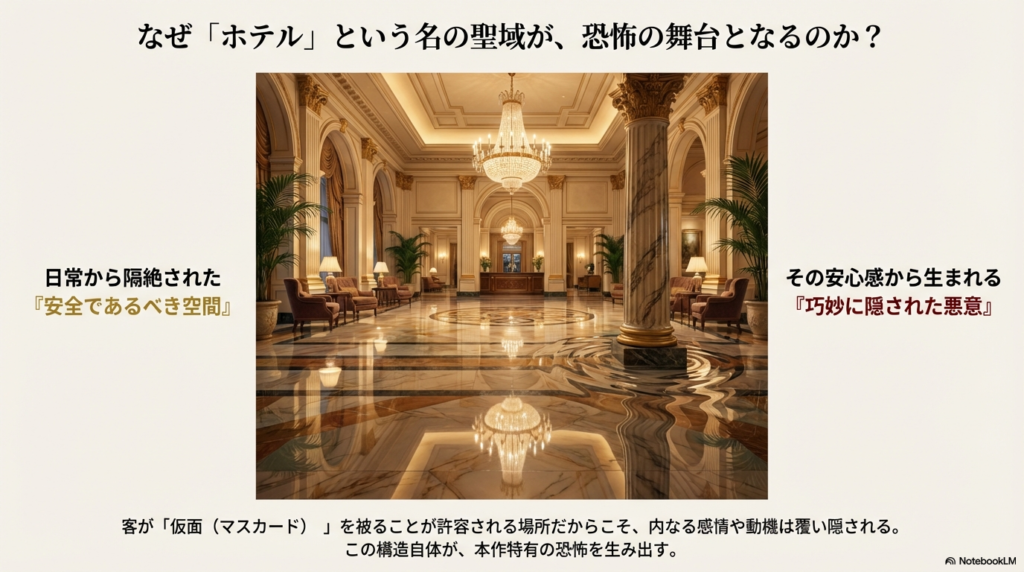 高級ホテルのロビーの画像。日常から隔絶された安全な空間だからこそ、客が「仮面」を被ることで悪意が巧妙に隠される構造を説明しているスライド。