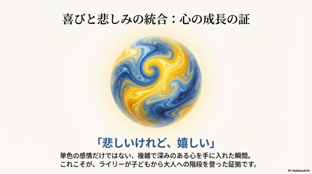 青色(悲しみ)と黄色(喜び)が混ざり合った美しいマーブル模様の記憶のボールの画像。「心の成長の証」というキャプションがついている。