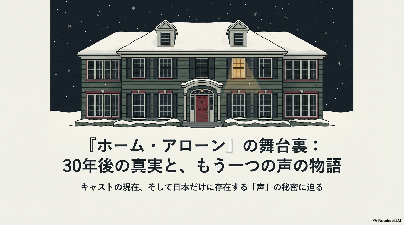 夜雪が降るマカリスター家の外観イラスト。窓に明かりが灯っている。
