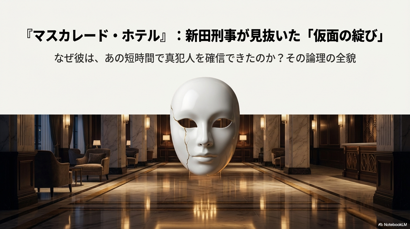ホテルのロビーに浮かぶ割れた仮面のビジュアル。「新田刑事が見抜いた『仮面の綻び』：なぜ彼はあの短時間で真犯人を確信できたのか？その論理の全貌」というタイトルテキスト。