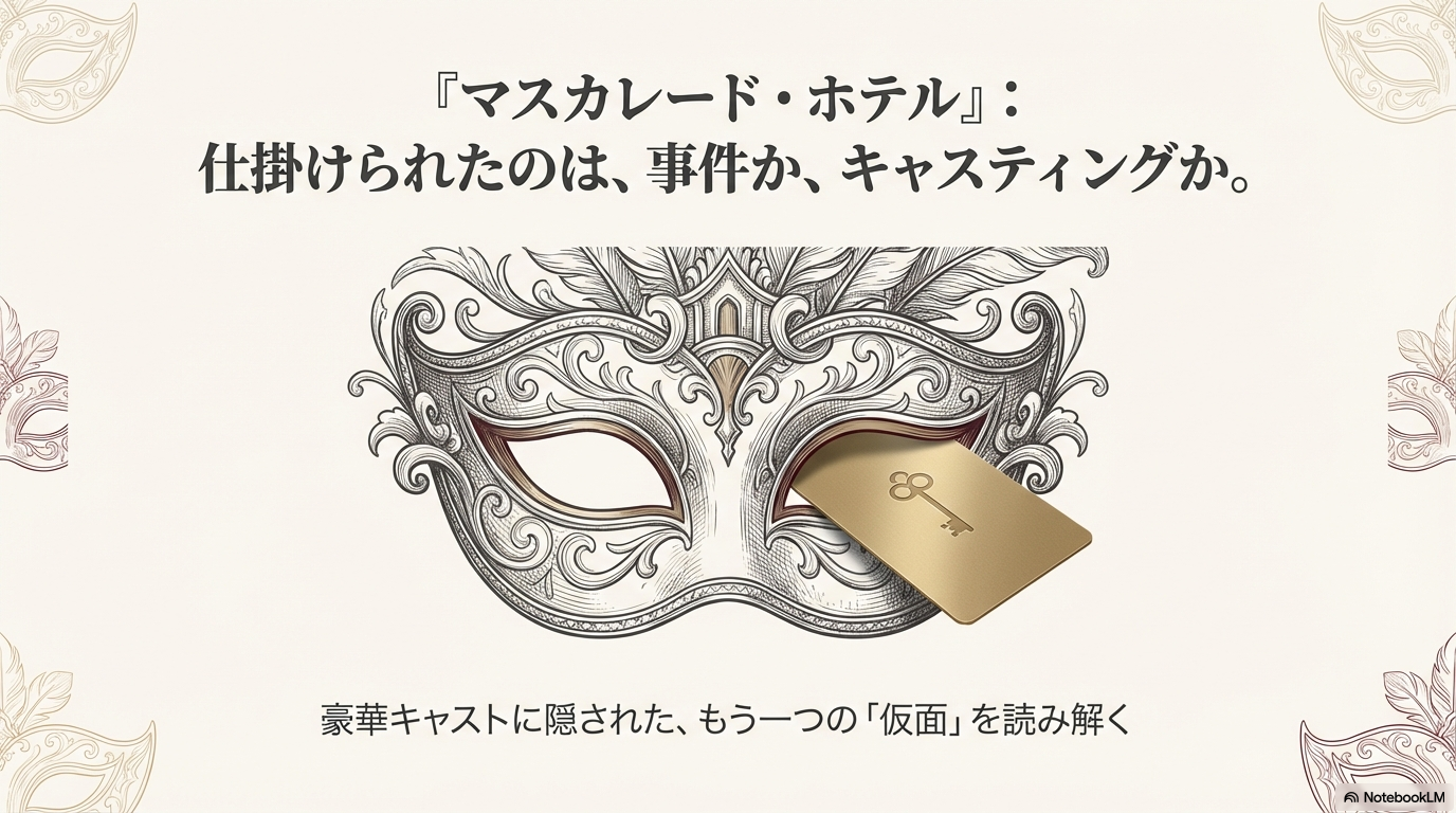 華やかな仮面とホテルのゴールドカードキーが描かれたスライド。タイトルは「『マスカレード・ホテル』仕掛けられたのは、事件か、キャスティングか。豪華キャストに隠された、もう一つの『仮面』を読み解く」。