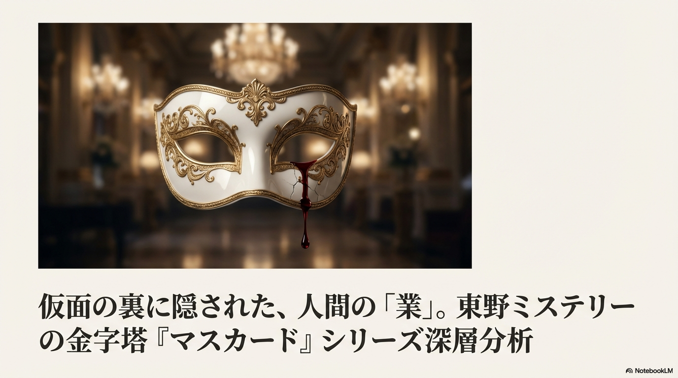 豪華なホテルのロビーを背景に、右目から一滴の血が流れている白い仮面の画像。タイトル「仮面の裏に隠された、人間の『業』。東野ミステリーの金字塔『マスカレード』シリーズ深層分析」という文字。