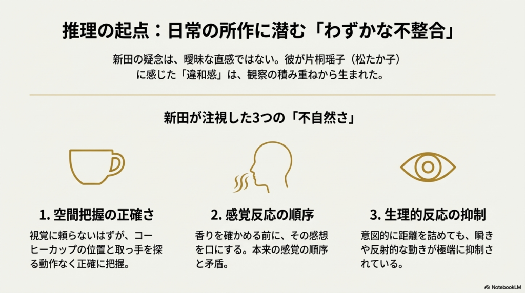 空間把握の正確さ、感覚反応の順序、生理的反応の抑制という、片桐瑶子の動作に見られた3つの具体的な違和感を解説する図解 。