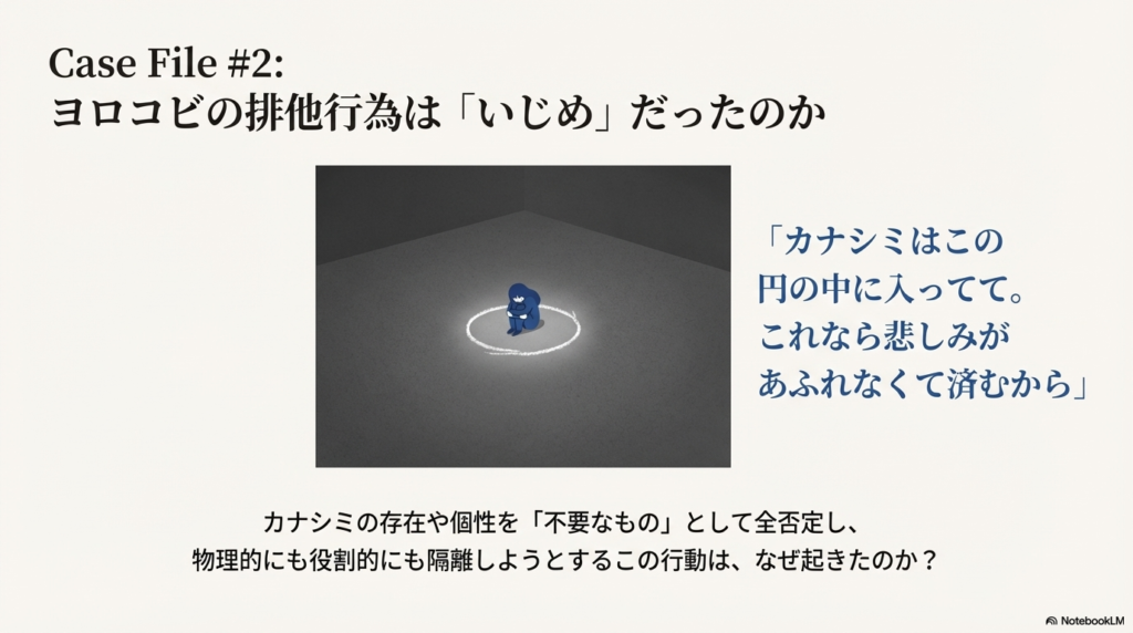 暗い部屋の床に描かれた白い円の中に、カナシミが体育座りで閉じ込められているイラスト。「ヨロコビの排他行為はいじめだったのか」という問いかけが書かれている。