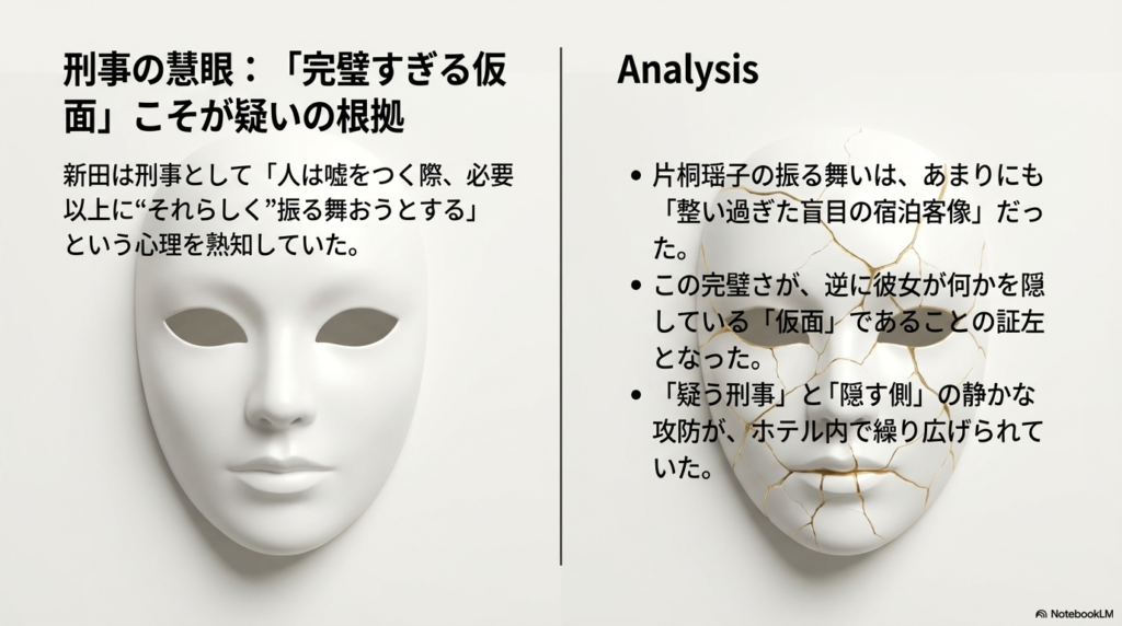 「人は嘘をつく際、必要以上に“それらしく”振る舞おうとする」という刑事の視点を解説。整いすぎた盲目の宿泊客像が逆に仮面の証拠となったことを示す内容 。