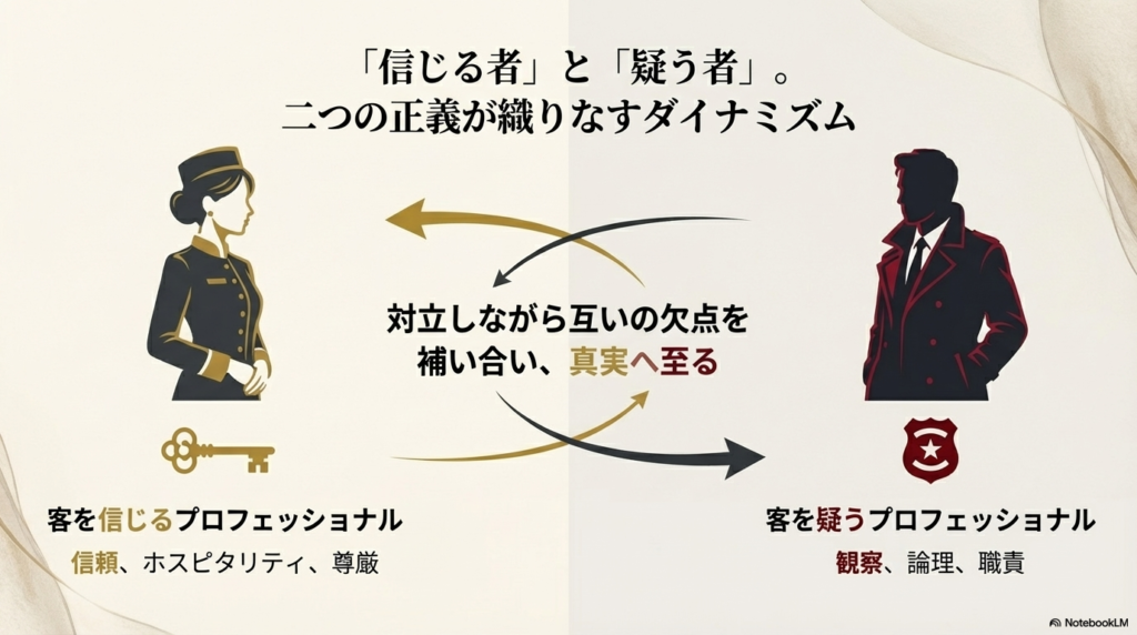 ホテリエのシルエット（信じる者）と刑事のシルエット（疑う者）が対峙する図。互いの正義が補い合い、真実に至るプロセスを説明したスライド。