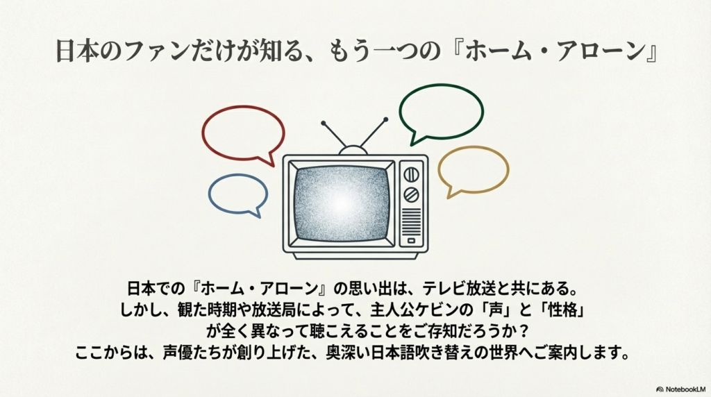 テレビ放送と吹き替え版の奥深さを紹介するスライド。テレビのイラストが描かれている。