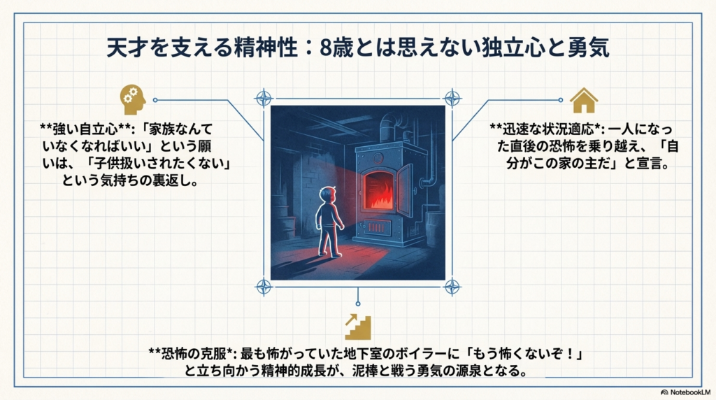 地下室のボイラーに向き合うケビンの後ろ姿。「強い自立心」「迅速な状況適応」「恐怖の克服」という3つの精神的強さについて解説した概念図。