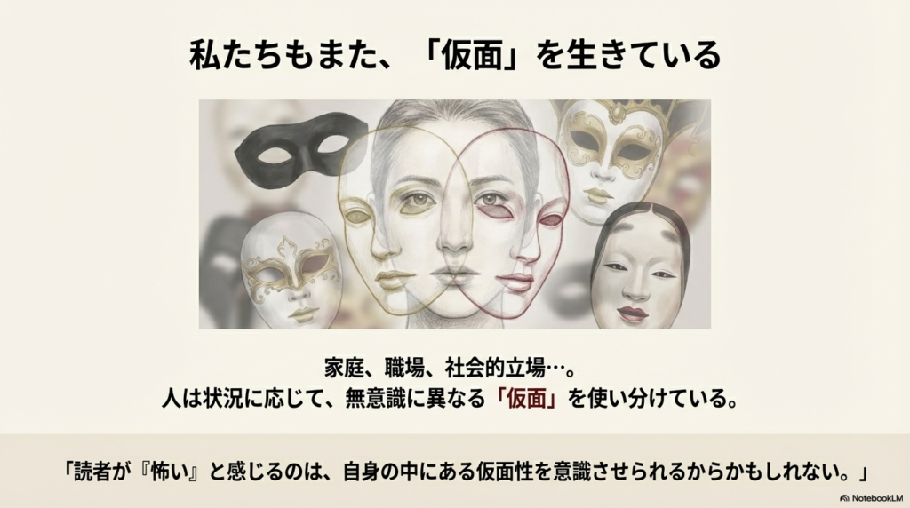 複数の人物の顔と様々な仮面が重なり合うイラスト。家庭や職場などの社会的立場で仮面を使い分ける、現代人の仮面性を表現したスライド。