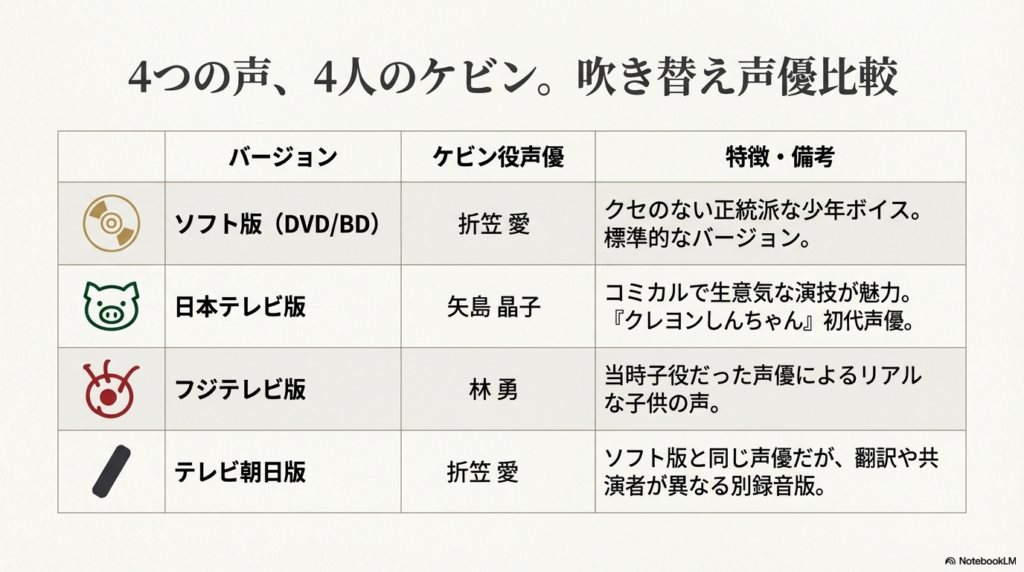 矢島晶子演じるケビンの声の特徴と、青野武・江原正士による泥棒コンビの掛け合いについて解説したスライド。音声波形のイラスト付き。