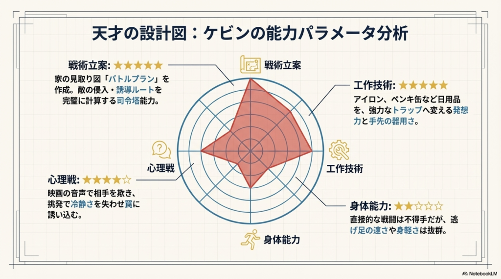 戦術立案、工作技術、心理戦、身体能力の4項目を5段階評価したレーダーチャート。特に戦術と工作技術が突出していることを示す図。
