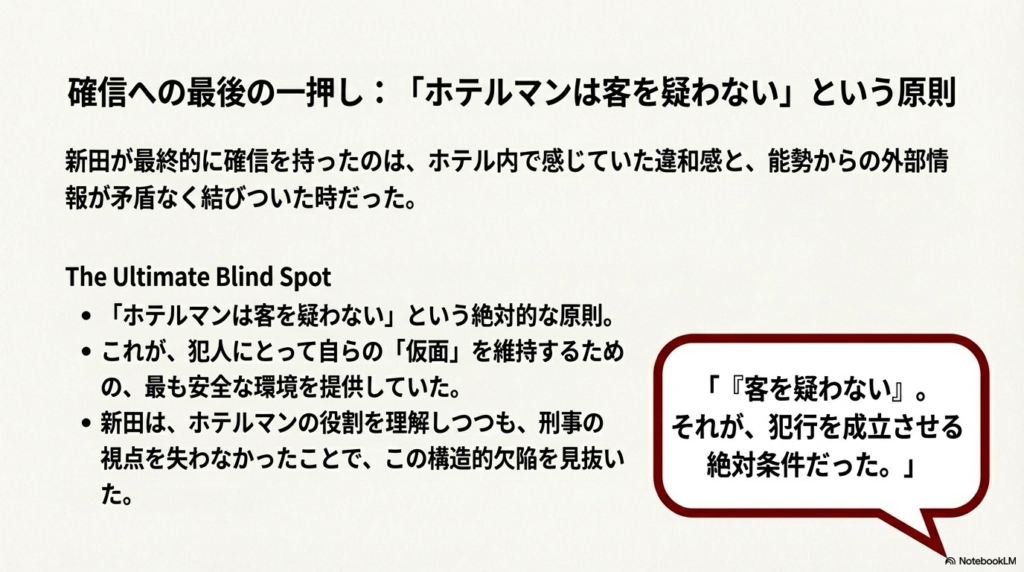 「ホテルマンは客を疑わない」という原則が犯人の最大の盾となっていたが、新田は刑事の視点を持ち続けたことでその構造的欠陥を見抜いたことを示す解説 。