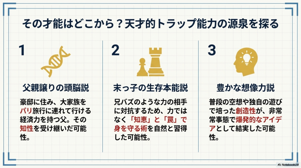 ケビンの才能の理由として推測される「父親譲りの頭脳」「末っ子の生存本能」「豊かな想像力」の3つの説を解説したスライド