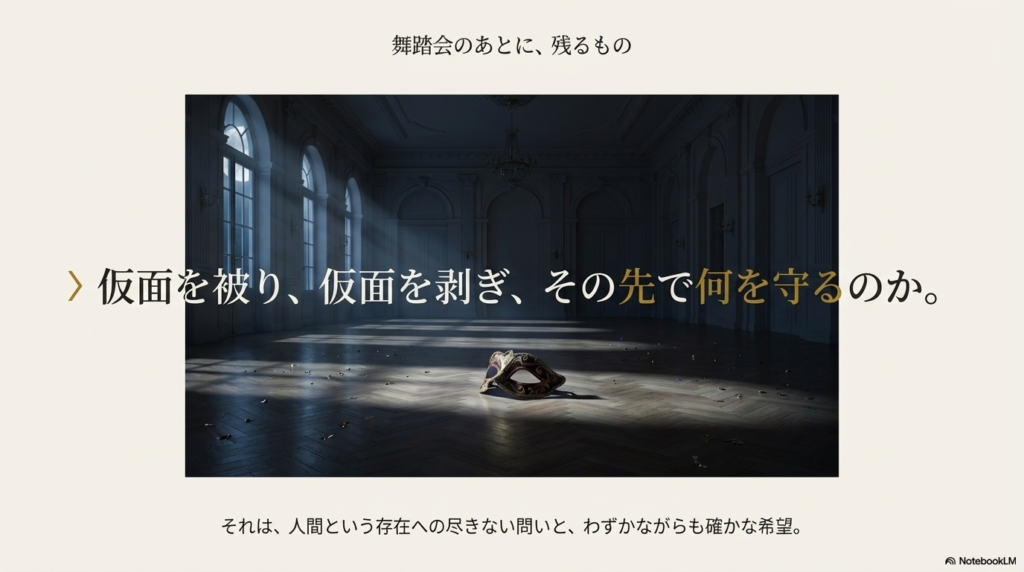 「仮面を被り、仮面を剥ぎ、その先で何を守るのか」という問いかけと、人間への希望を綴った結びのスライド。