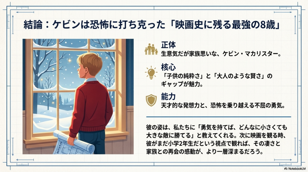 雪が降る窓の外を見つめるケビンの後ろ姿のイラスト。「子供の純粋さと大人のような賢さのギャップ」が彼の魅力であると結論づけるスライド。