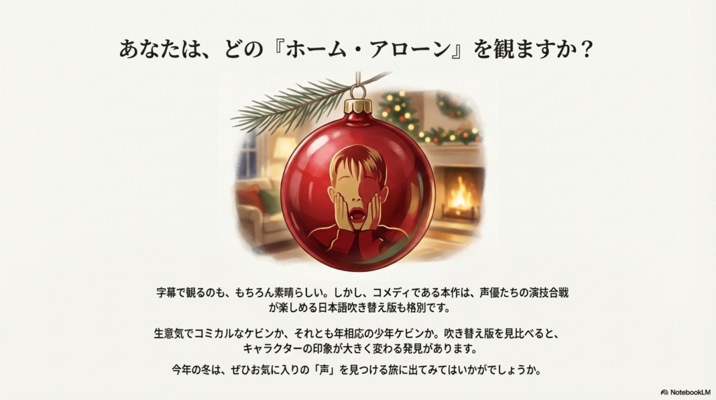 :クリスマスオーナメントに映る、叫んでいるケビンのイラスト。「あなたは、どの『ホーム・アローン』を観ますか？」というメッセージ。