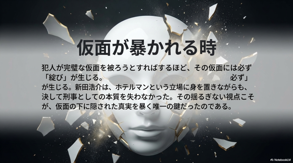 完璧な仮面ほど綻びが生じる。新田の刑事としての本質が真実を暴く鍵となったことを総括するメッセージスライド 。