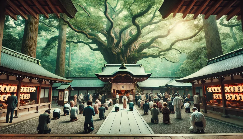 縁結びの象徴とされる夫婦楠の前で、祈りを捧げる参拝者たち。神聖で落ち着いた空気が流れる神社境内の様子。