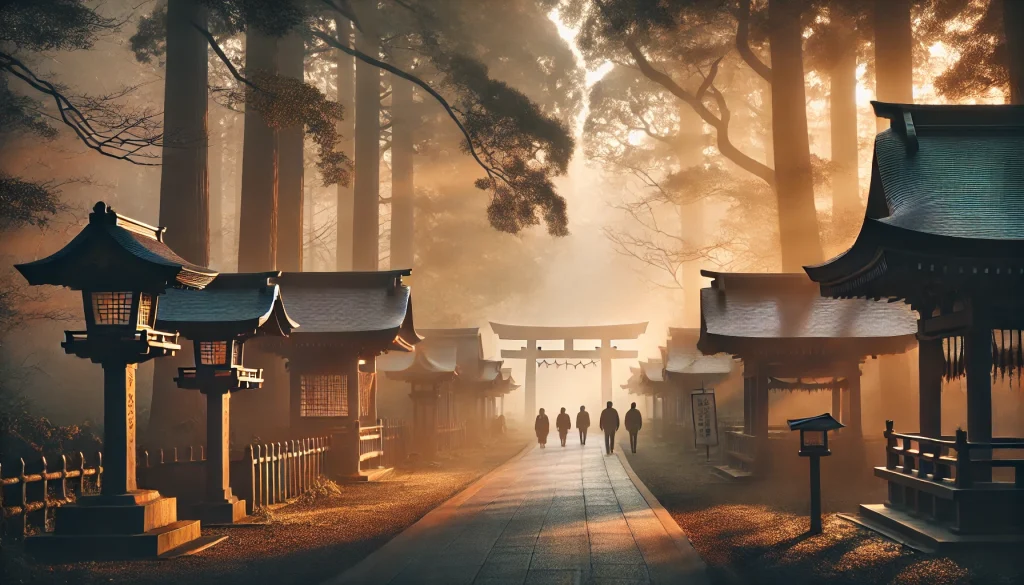 静かな早朝、初日の出の光が差し込む神社の参道を少人数の参拝者が歩く様子。澄んだ空気と霧が漂う神秘的な雰囲気。
