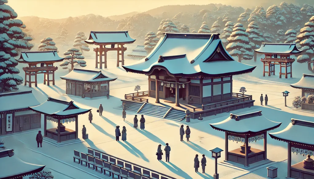 1月中旬の静かな神社で、家族連れや個人が穏やかに初詣をする風景。人混みを避けた分散参拝の新しいスタイルを表現。