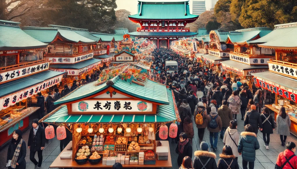 多くの人が集まる神社の境内に並ぶ屋台と冬服姿の参拝者たち。焼きそばやたこ焼きなどのグルメが並び、活気にあふれている。