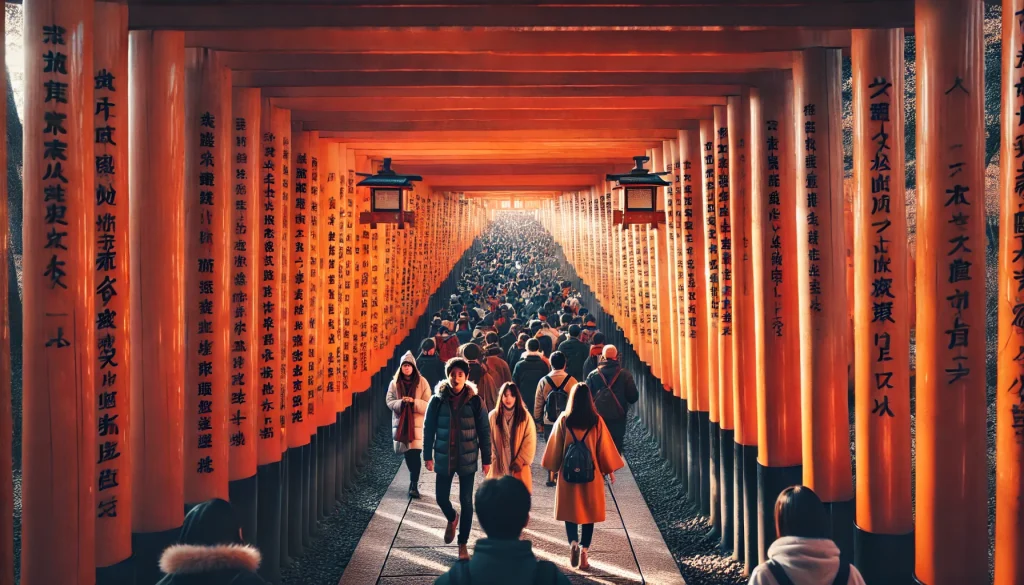 伏見稲荷大社の千本鳥居をくぐる参拝者たちの列。朱色の鳥居が連なり、初詣の賑わいと幻想的な風景が同居する情景。