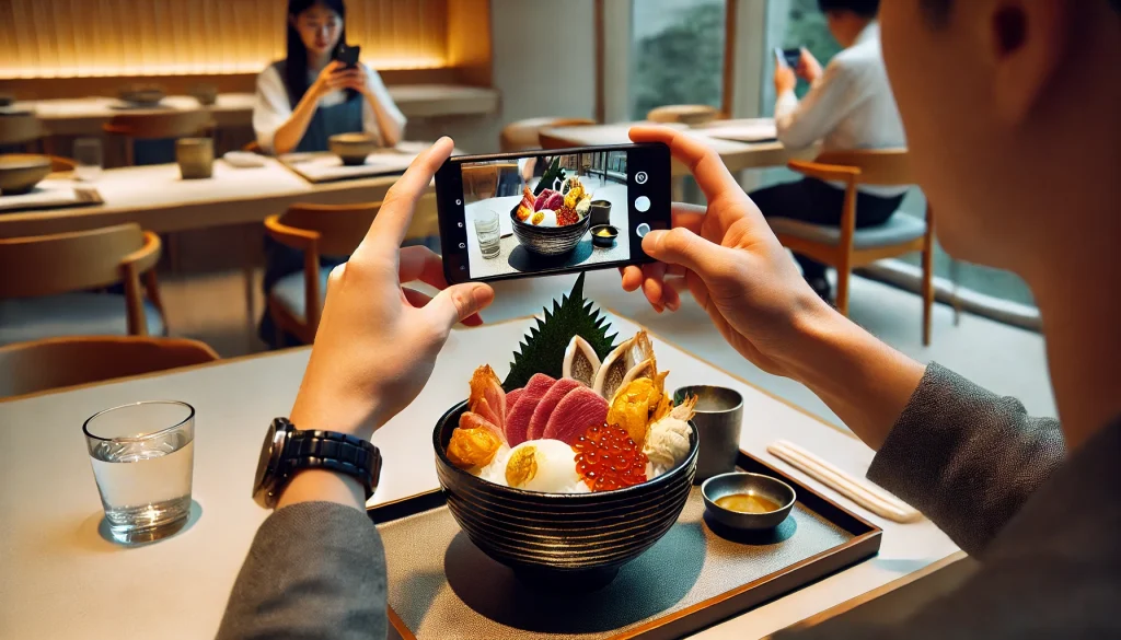 高級感のある丼料理がテーブルに置かれ、外国人観光客風の人物がスマートフォンで写真を撮っている様子。